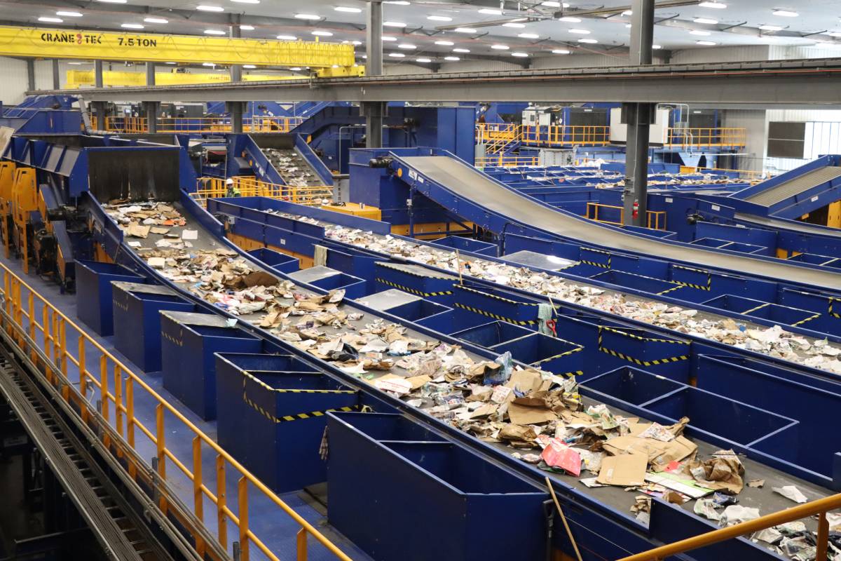 Recyclable Material Moving On Conveyor Belt Inside Recycling Center In Columbus, OH